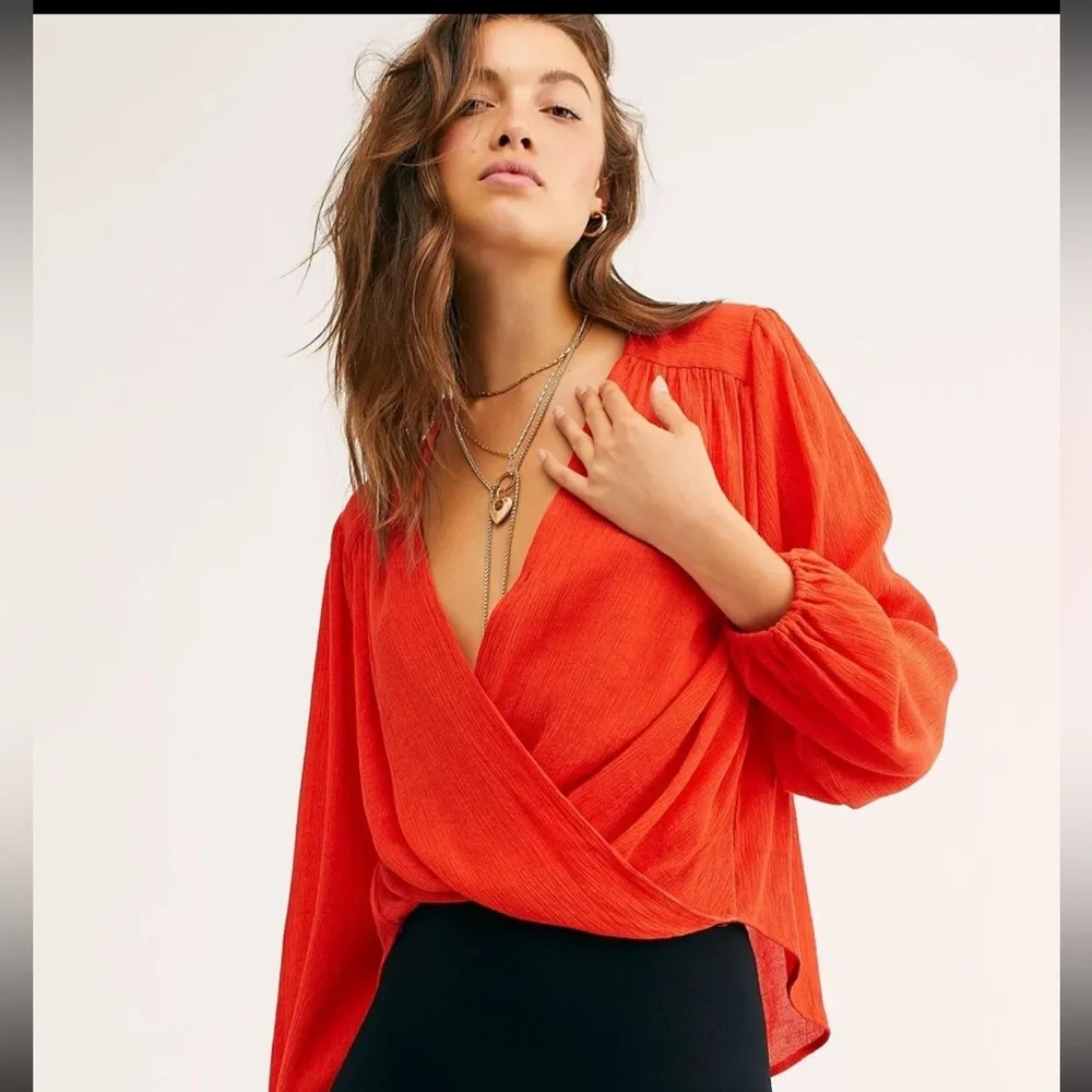 NWT Free People Wrap Front Top, Bright Red, Size Medium - Picture 1 of 9